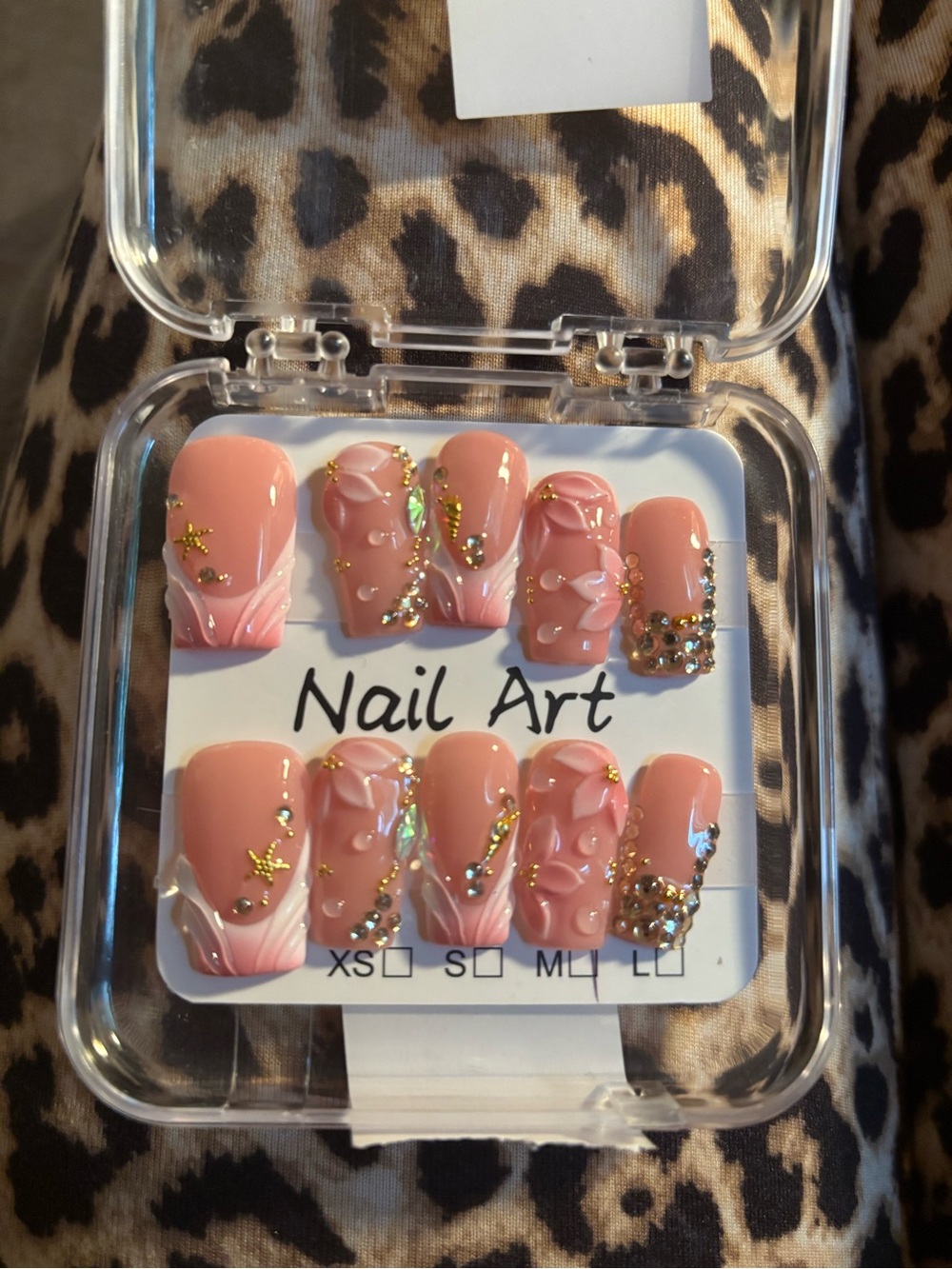 Size MEDIUM Peach Pink 3D Floral Press-On Nails with Gold Rhinestones